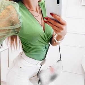 Twisted Front Swiss Dot Puff Sleeve Top
